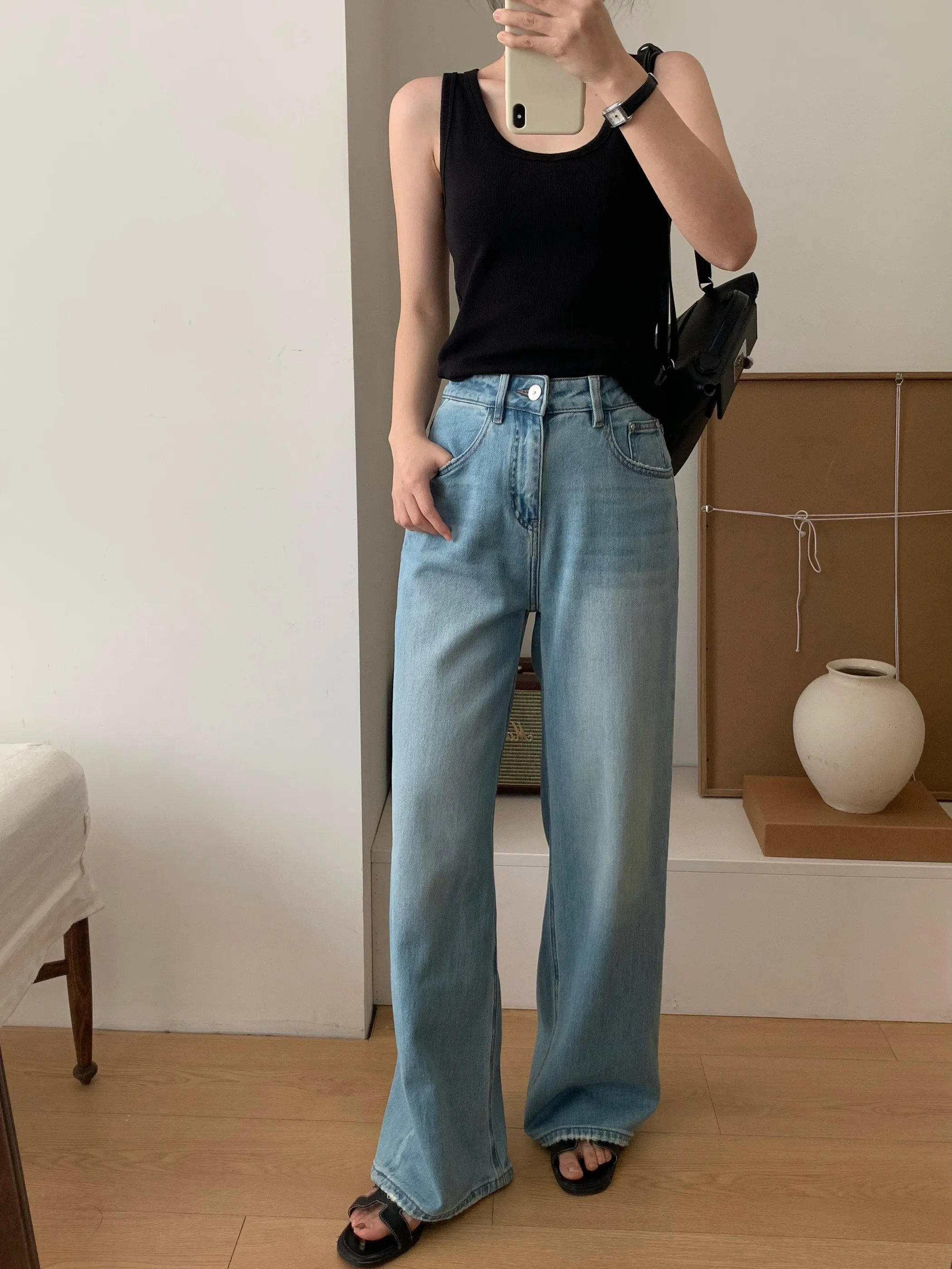 Jeans Sunny de Cintura Alta, Corte Recto, Lavado Azul, Casuales y Versátiles, Pantalones Largos para Primavera y Otoño