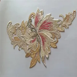 2Pcs/Lot 24*16cm Shiny Red Beige Gold Flower Gradient Sewing Motif Venise Lace Applique for Garment Embroidery Lace Patches