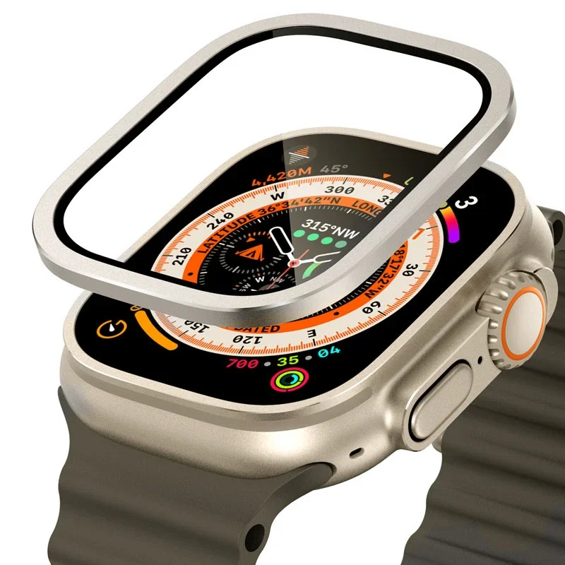 Gehärtetes Glas für Apple Watch Ultra 49 mm, Titan-Metallrahmen, kratzfeste Folie für Displayschutzfolie der Serie Ultra 2, Zubehör