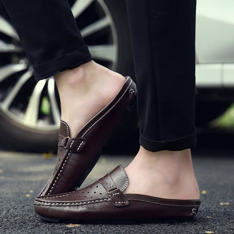 Zomer Half Schoenen Voor Mannen Casual Lederen Loafers Mocassins Man Slipon Rijden Herenschoenen Ademende Holle Slippers