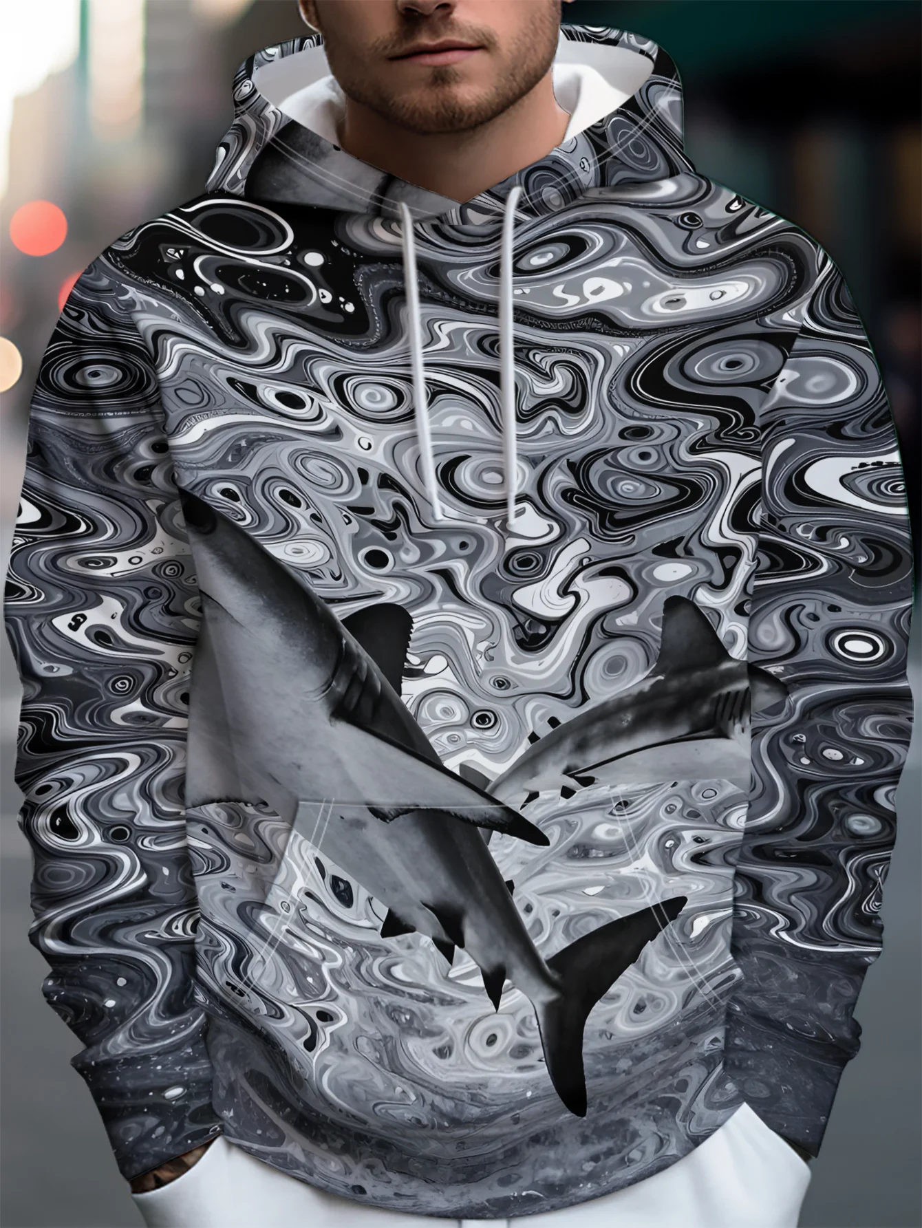 Men Black Gray Swirl Abstract Wave Shark Marine Animal 3D All Over Print Hoodie Casual Long Sleeve Sweatshirt
