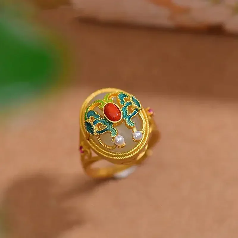 New Design Natural Hetian Jade Enamel Porcelain Pearl Oval rings for women Retro Exquisite Palace Style Ladies Brand Jewelry