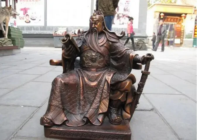 Copper Statue China Red Bronze Copper Sit Guan Gong Read Book Guan yu warrior God Statue