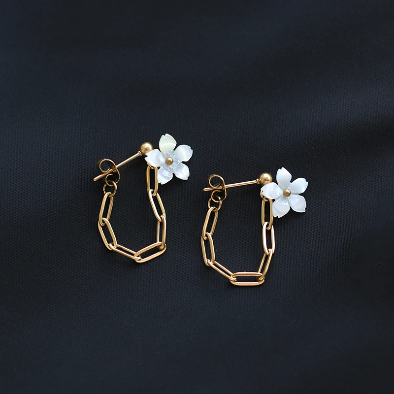 

White Natural Shell Flower Back Hanging Chain Earrings for Women Stainless Steel 18K Gold Plated Jewelry