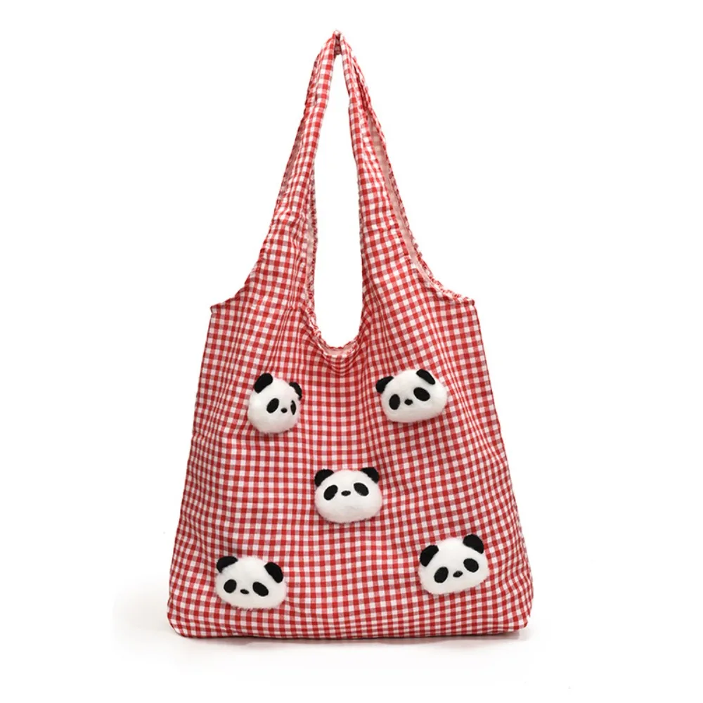 

Cute Vacation Canvas Shopping Bag Panda Doll Cartoon Vest Canvas Bag Storage Bag with Inner Bag Plaid Shoulder Bags Students