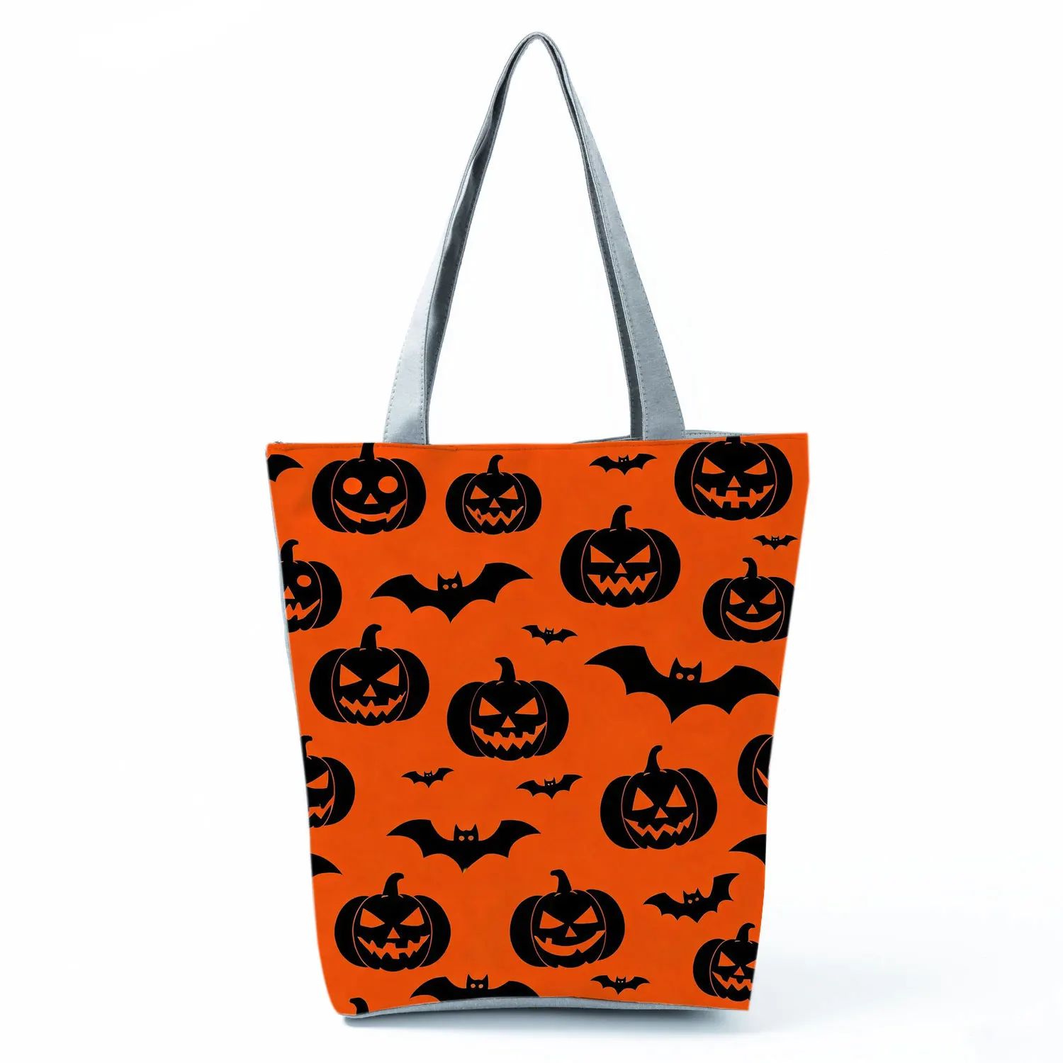 Halloween Pumpkin Bat Orange Black Printed Women Shoulder Bag Foldable Shopping Bag Zipper Handbag Portable Large Capacity Tote
