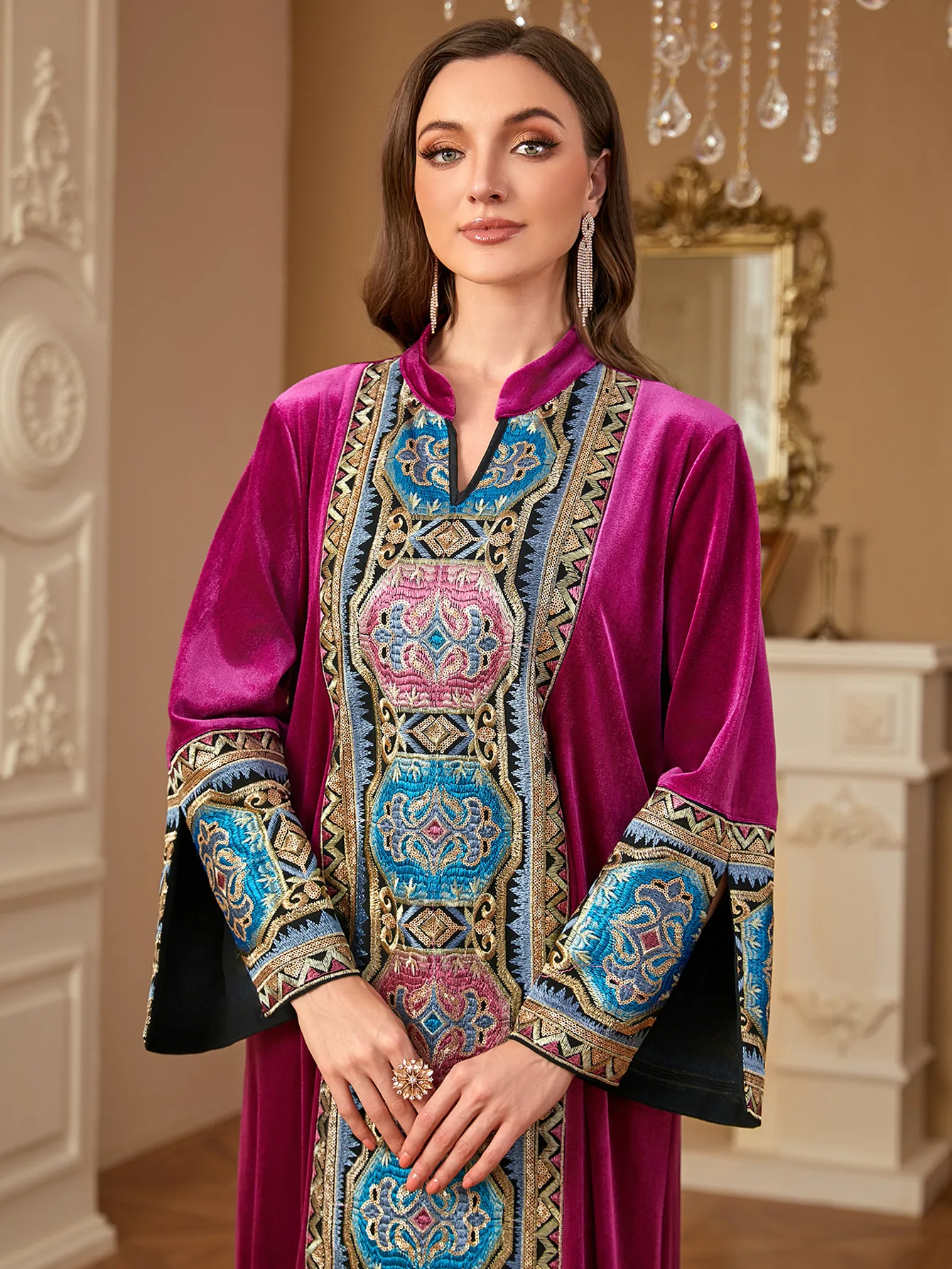 Velvet Abayas Long Sleeve for Warm Women Muslim Embroidery Maxi Dress Turkey Kaftan Islamic Clothing Musulmane Femme Vestidos
