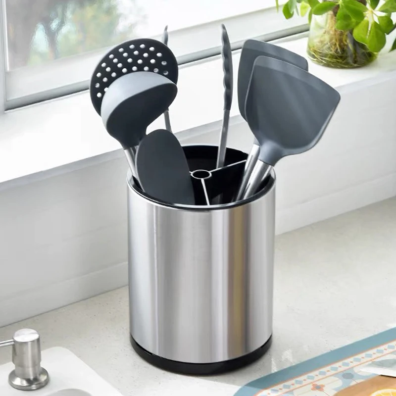 360 °   Rotierender großer Utensilienhalter aus Edelstahl, Abtropffläche für Essstäbchen, Löffel, Gabel, Geschirr, Küche, Aufbewahrungseimer