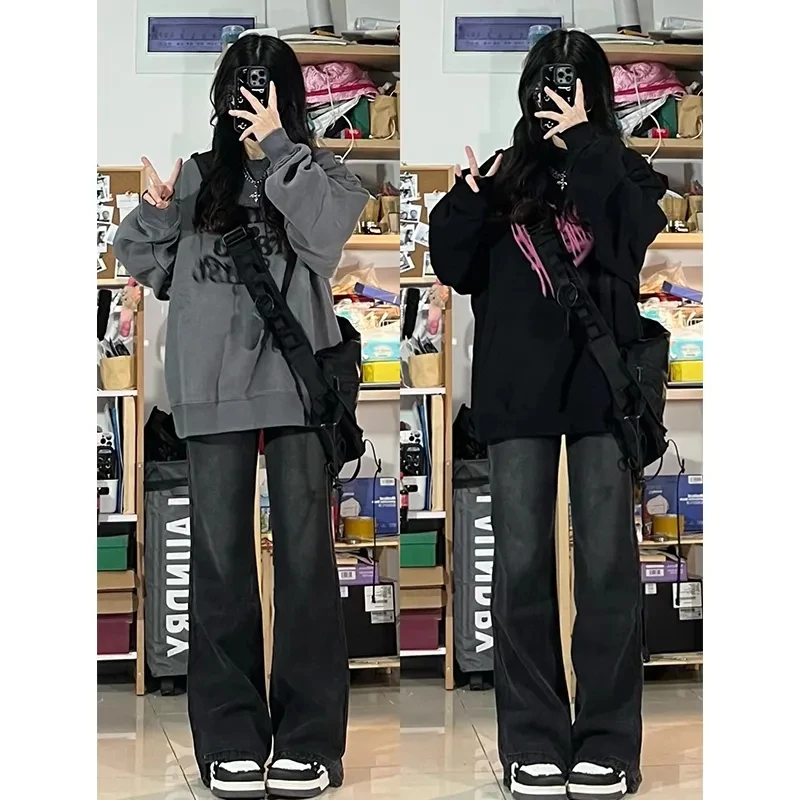 Streetwear Clothing Woman Jeans Flare Washed Worn Destroyed Torn Frayed Hem Ladies Female Denim Trousers Fashion Destroyed