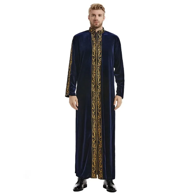 Velvet Muslim Men Saudi Jubba Thobe Islamic Clothing Kaftan Thoub Arabic Robe Dress Caftan Thawb Ramadan Gown Middle East Jilbab