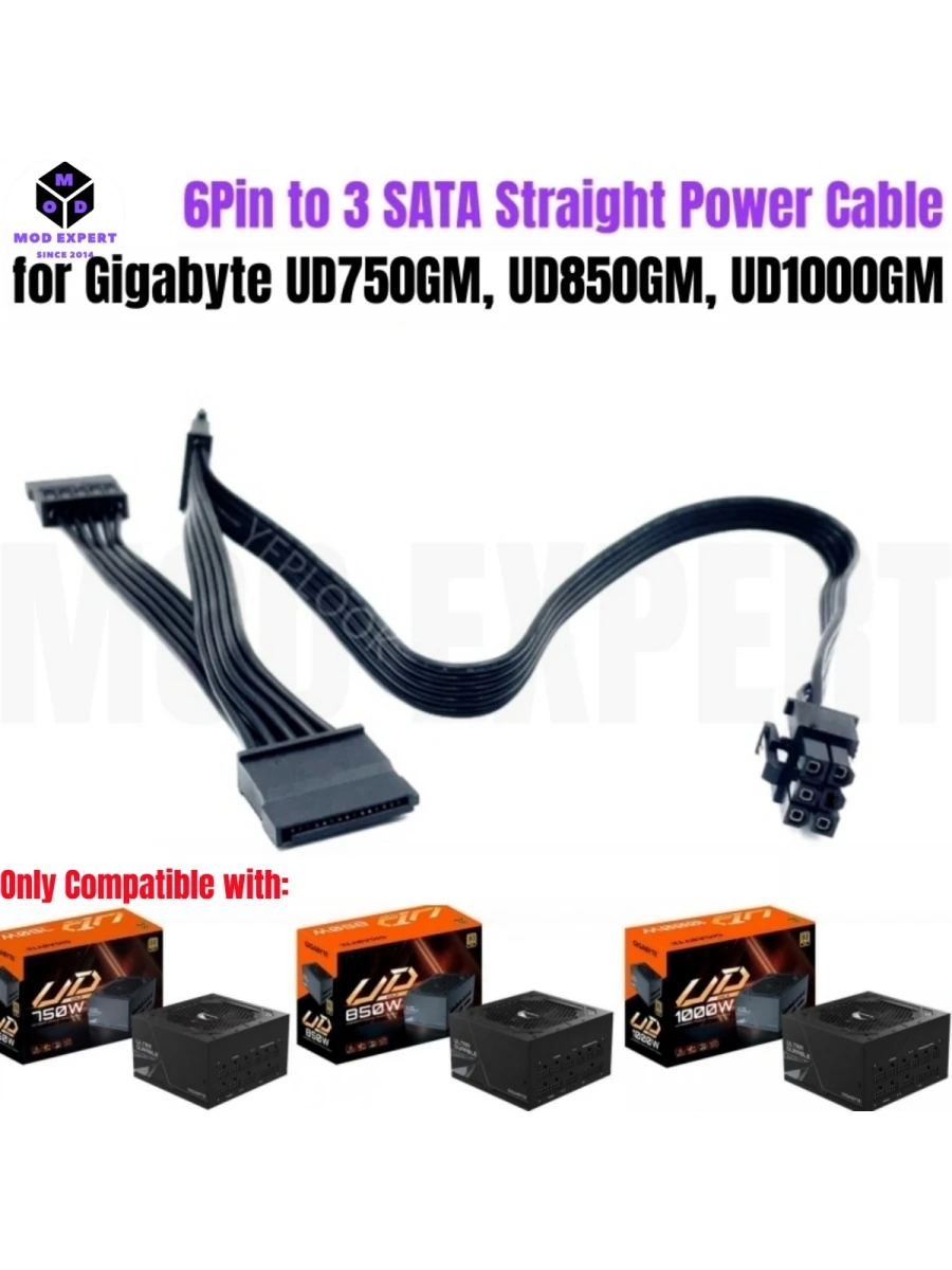 Kabel zasilający 6-pin na 3x SATA męski prosty, do dysków HDD/SSD, do zasilaczy Gigabyte GP-UD750GM, GP-UD850GM, GP-UD1000GM Gold Modular — zdjęcie produktu 7