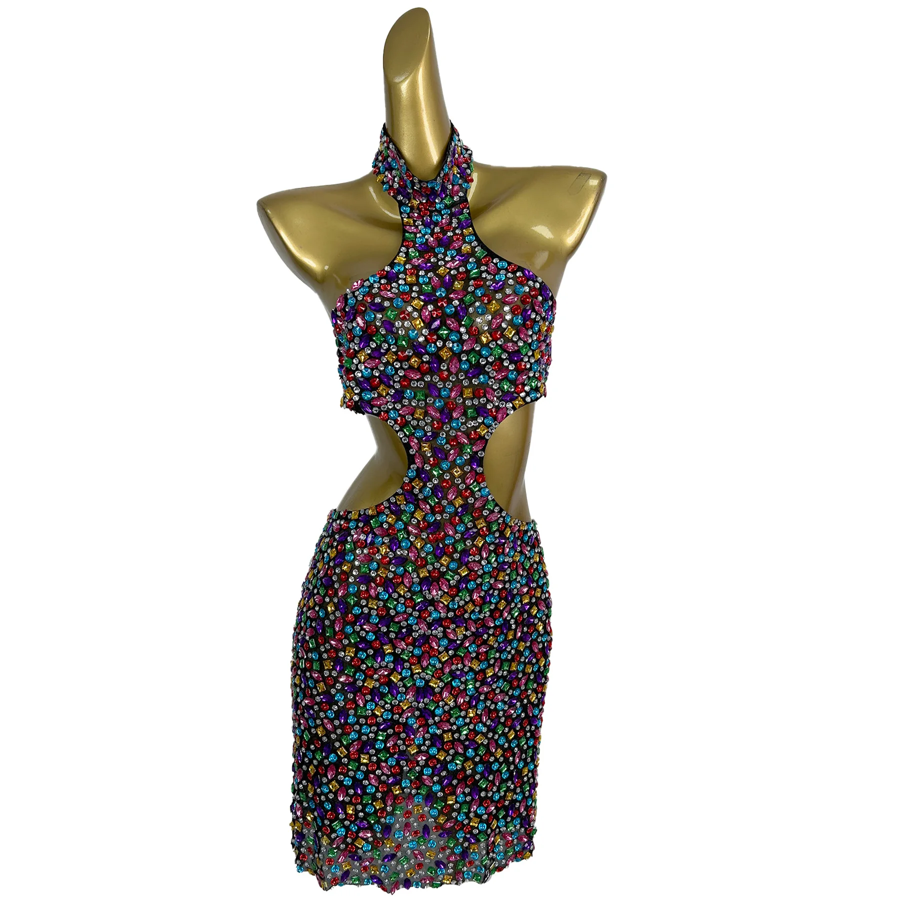 Nihongdeng-vestido Sexy con diamantes de imitación de colores brillantes, vestido colgante con cuello hueco, disfraz de actuación de Bar, vestidos de cóctel y graduación de cumpleaños