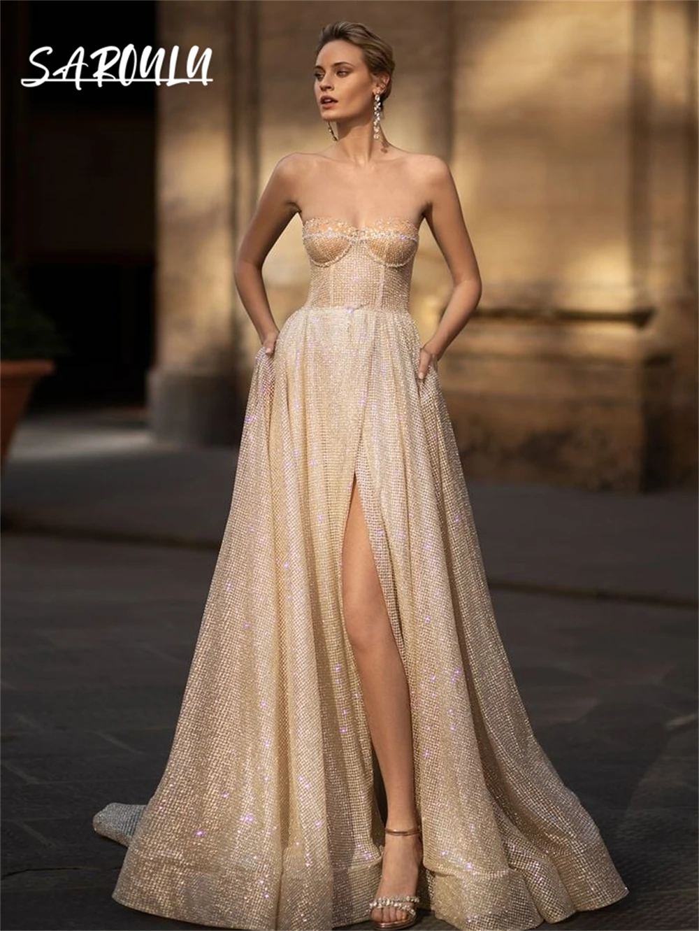 

Shiny Champagne Wedding Party Gown for Women, Customized Long Bride Dresses, Strapless Side Slit Bridal Prom Dresses Party Gown