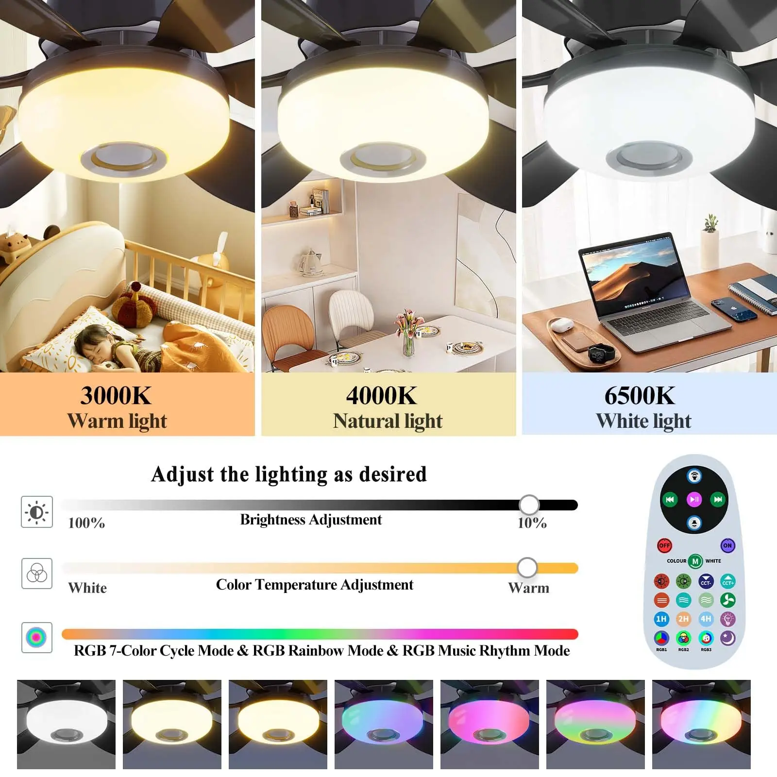 4 in 1 Socket Fan Light with Remote, 18.5 inch Small Ceiling Fans with Dimmable Led Light, Bluetooth Speaker, 3 RGB Mode