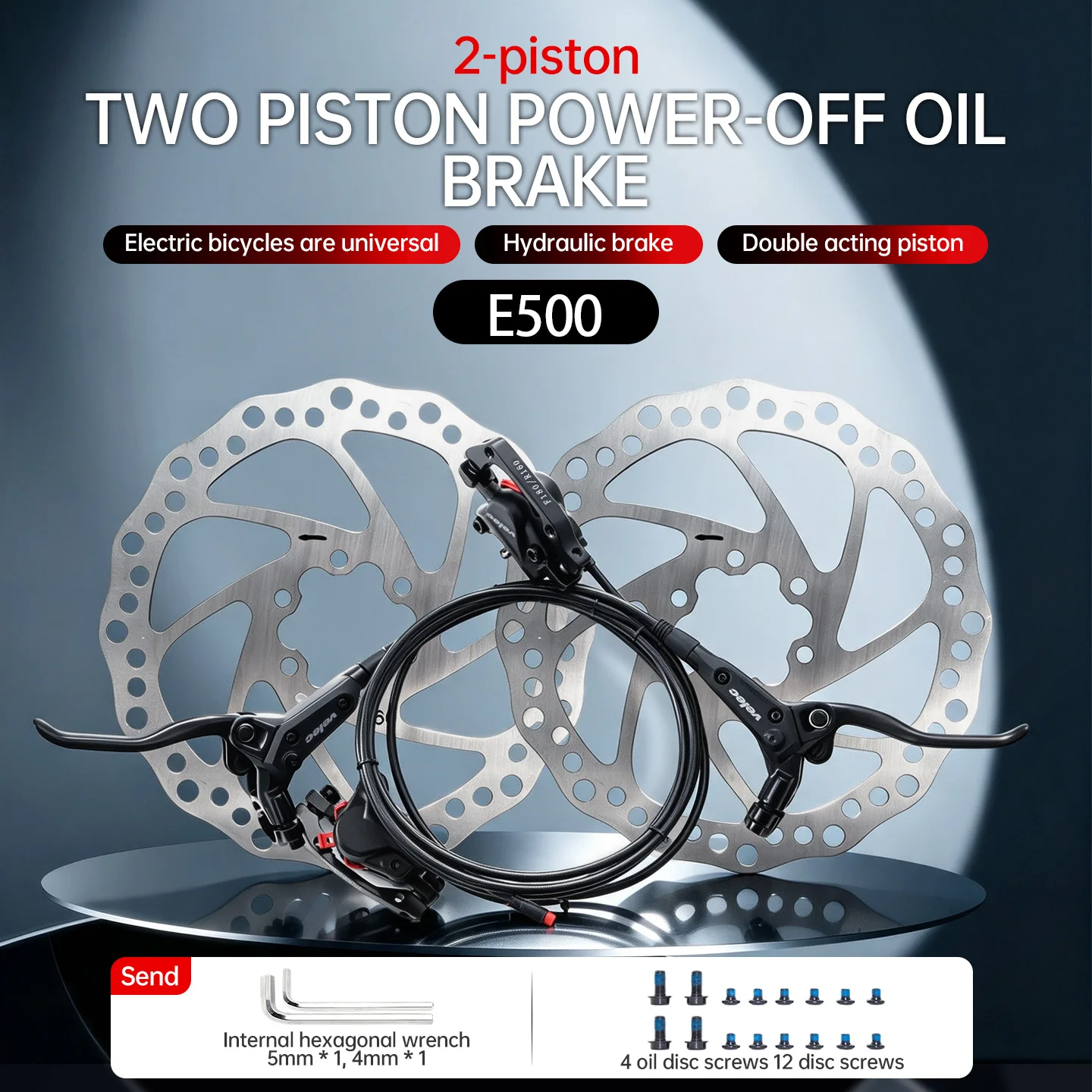 Velec E-Bike Hydraulic Disc Brake Set 2-Piston Power off for Electric Bikes Scooters MTB - Front Rear Brakes with Oil Pipe 950mm - view 2