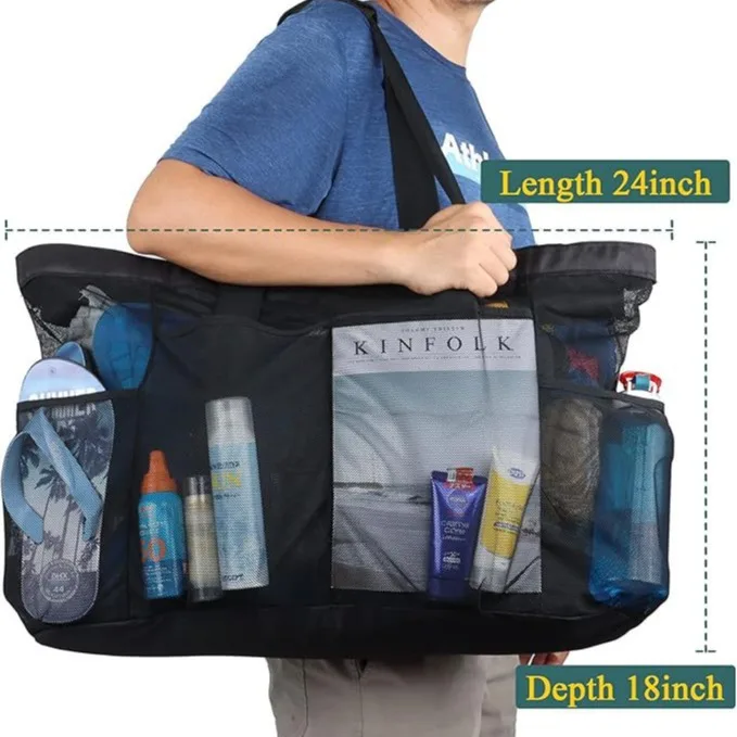Beach Bags Lightweight Waterproof Foldable Mesh Straps Zippered Pockets Fixed Shoulder Straps for Travel Large Tote of Swim Gear