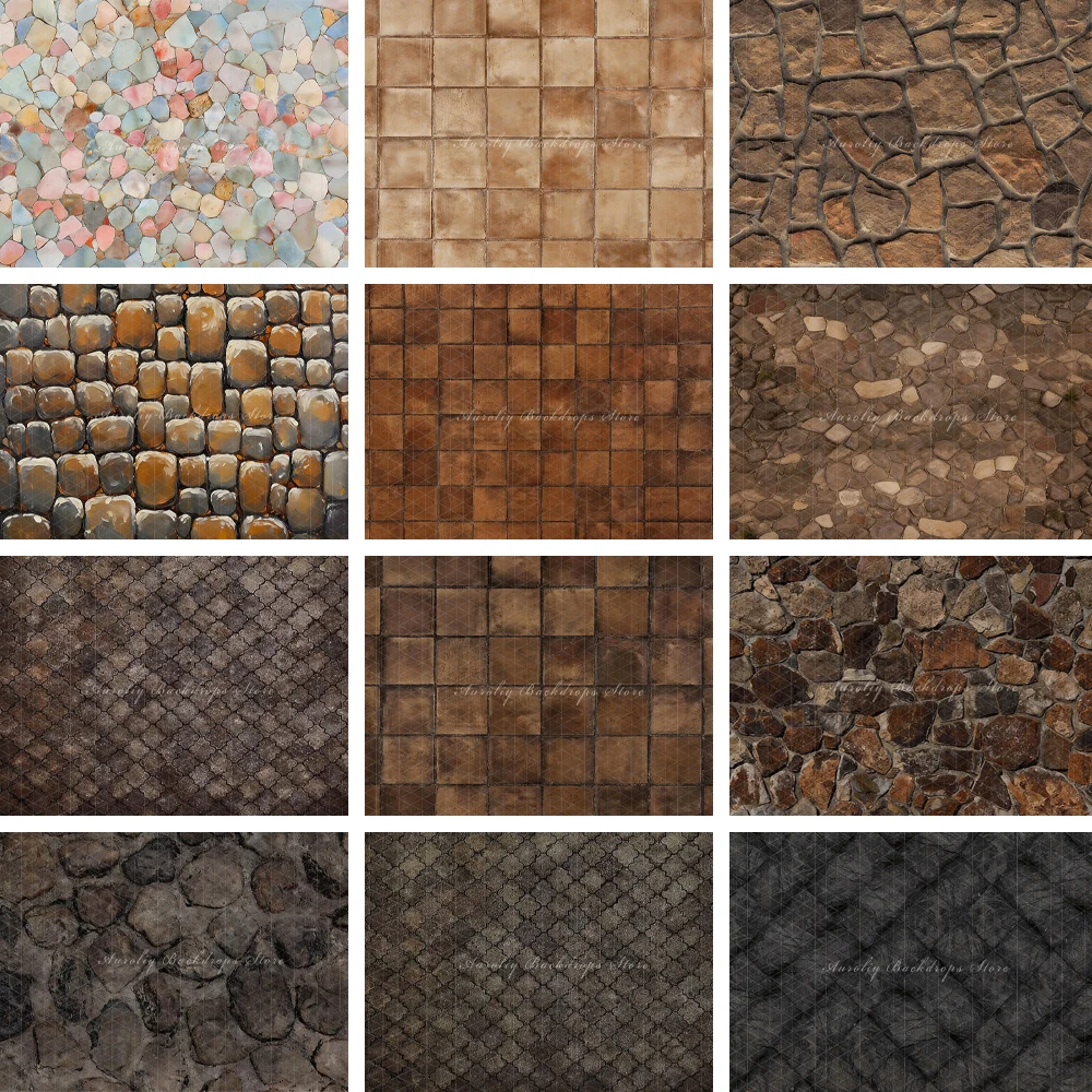 Rustic Stone Tile Mosaic Photography Backdrop Brown Cobblestone Floor Wall Texture Product Portrait Photo Studio Background