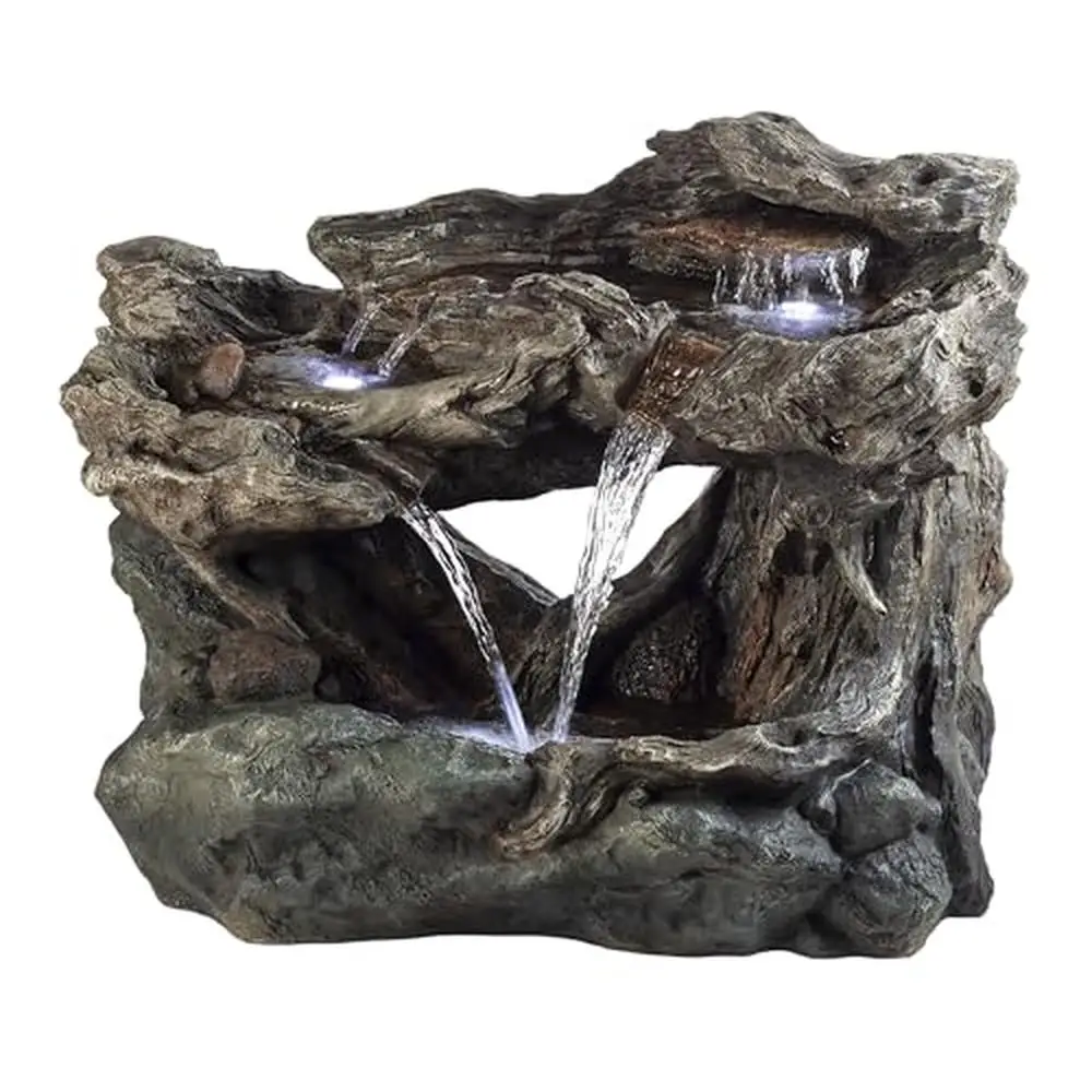 

Outdoor 3-Tiered Rock Waterfall Fountain with LED Lights Natural Stone Look Garden Decor Relaxing Water Flow Durable Resin