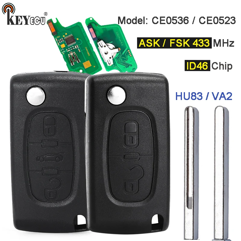 

KEYECU ASK FSK 433 МГц ID46 7941 Чип CE0536 CE0523 Флип-брелок для дистанционного управления VA2/HU83 Лезвие для Peugeot 207 307 407 308 408 Citroen