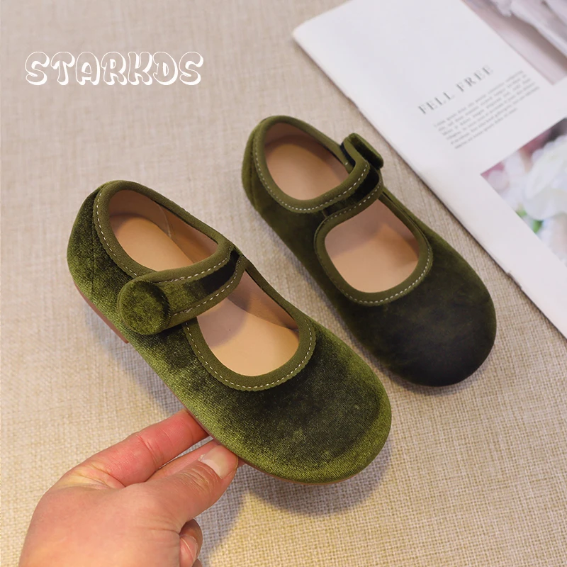 Cute Peach Pink Velvet Shoes Girls Vintage Green Velour Ballet Flats Baby Kids Spring New Soft Sole Luxury Mary Janes