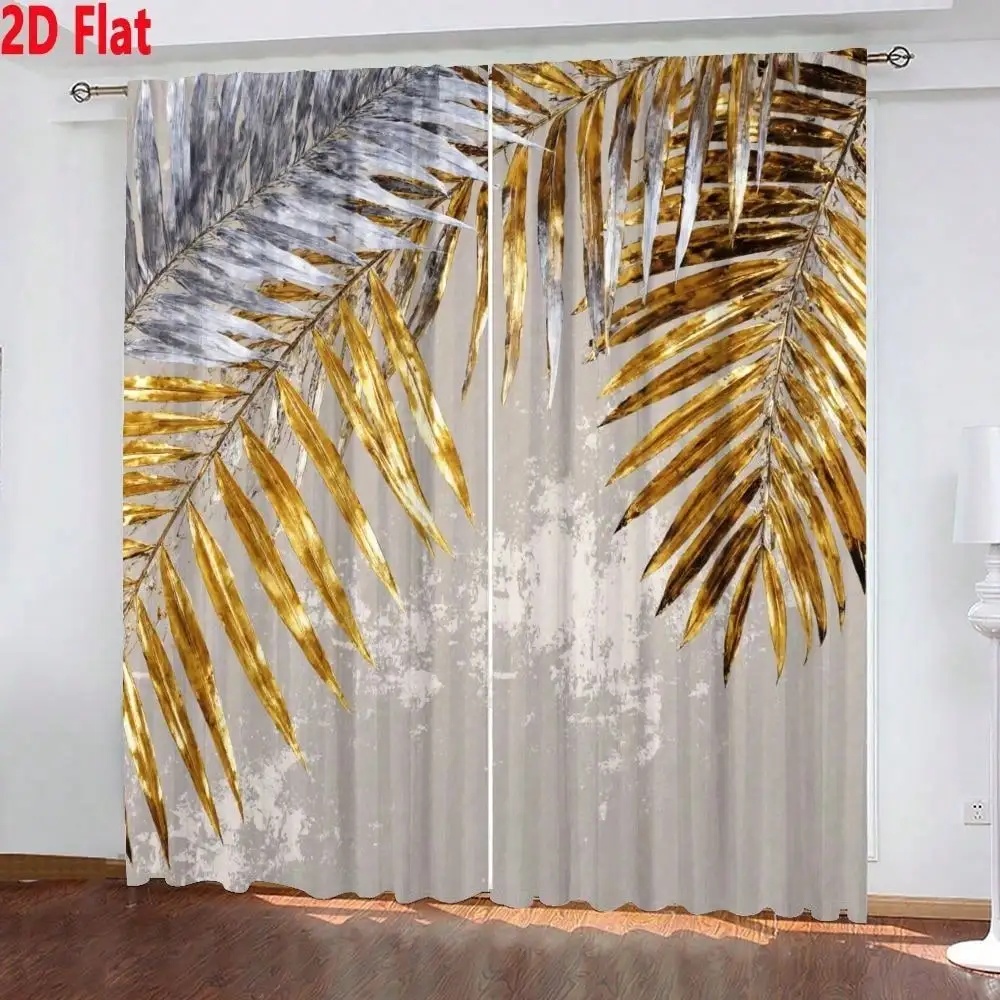 2D Flat - A Set Of Two Flat Curtains Featuring A Palm Frond Design In Metallic Golden And Silver On A Textured Light