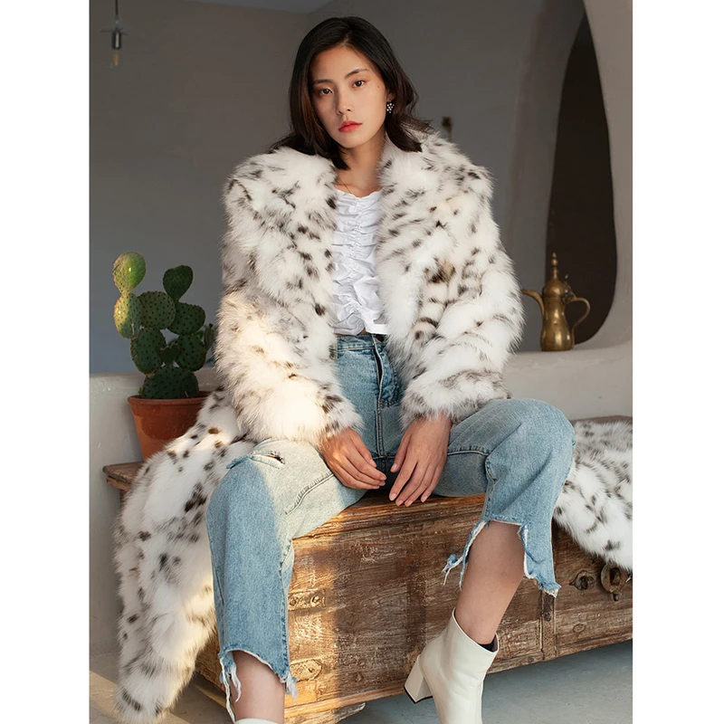 Mantel bulu wanita, mantel Windbreaker kulit hangat musim dingin ukuran besar, setelan Panjang motif macan tutul titik hitam, mantel bulu rubah imitasi