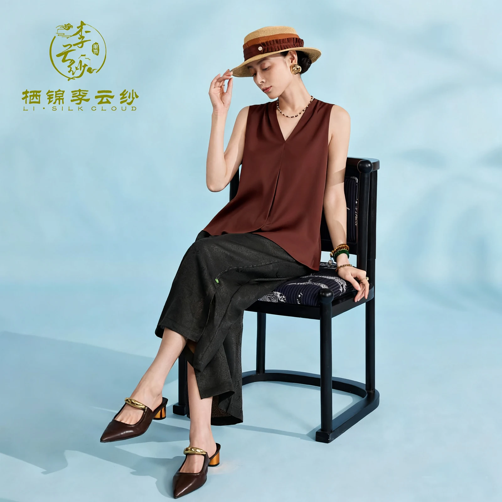 

LI SILK CLOUD xiangyunsha Топ без рукавов с v-образным вырезом — классическая шелковая ткань, стильная восточная марля Гуандун с черным жемчугом Гуандун