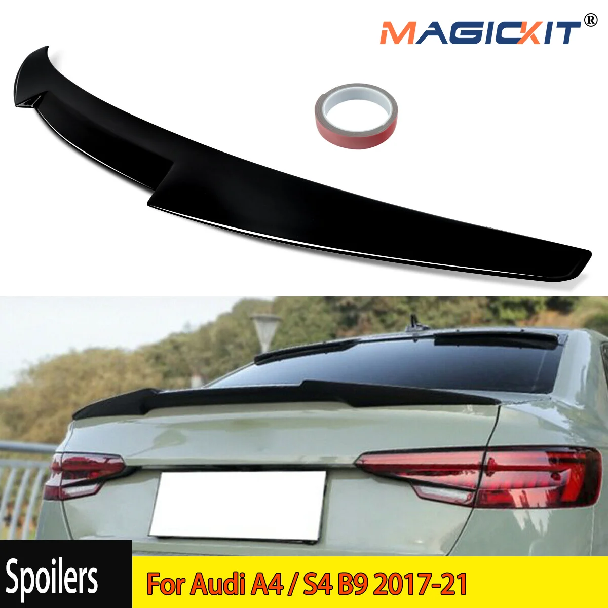 M4 Style Highkick Rear Trunk Spoiler Lip For Audi A4 / S4 B9 2017-21 Gloss Black