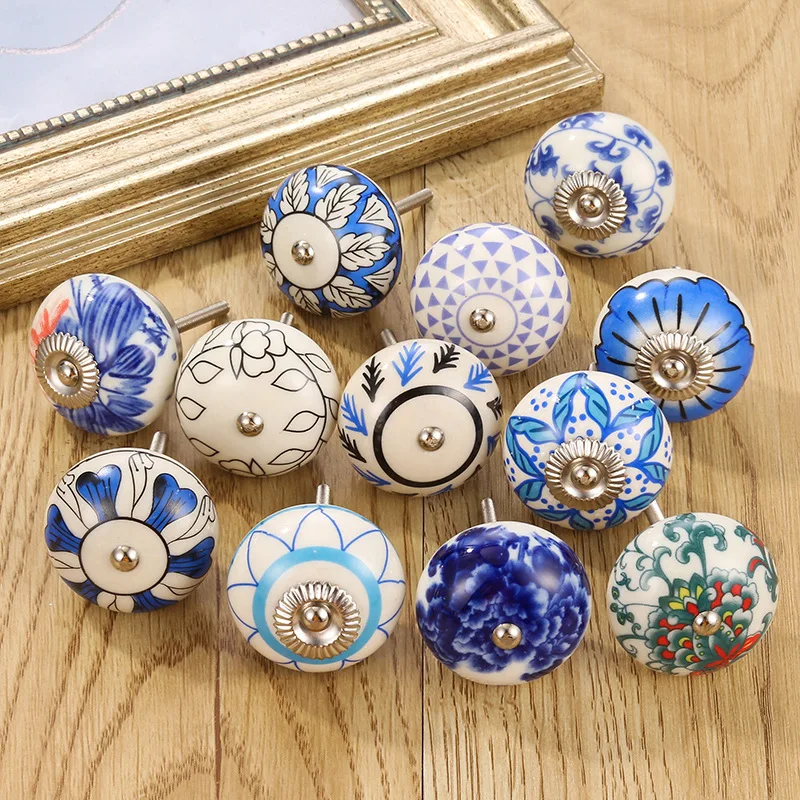 Modern Style Cabinet Drawers, Storage Boxes, Ceramic Prints, Hand-painted Solid Blue Series Handles, Circular Handles