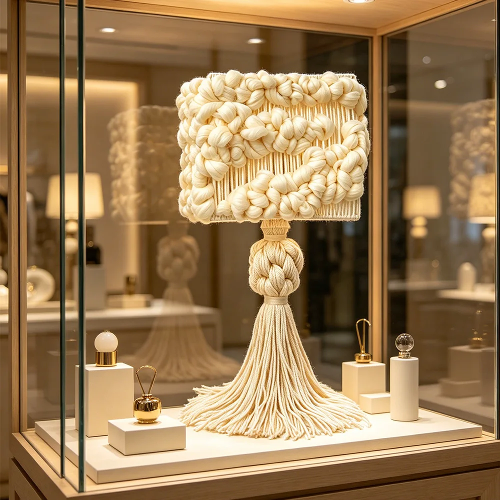 Luxury Artisanal Macrame Table Lamp Beige Cotton Rope Decorative Accent Light For Home Hotel & Interior Design