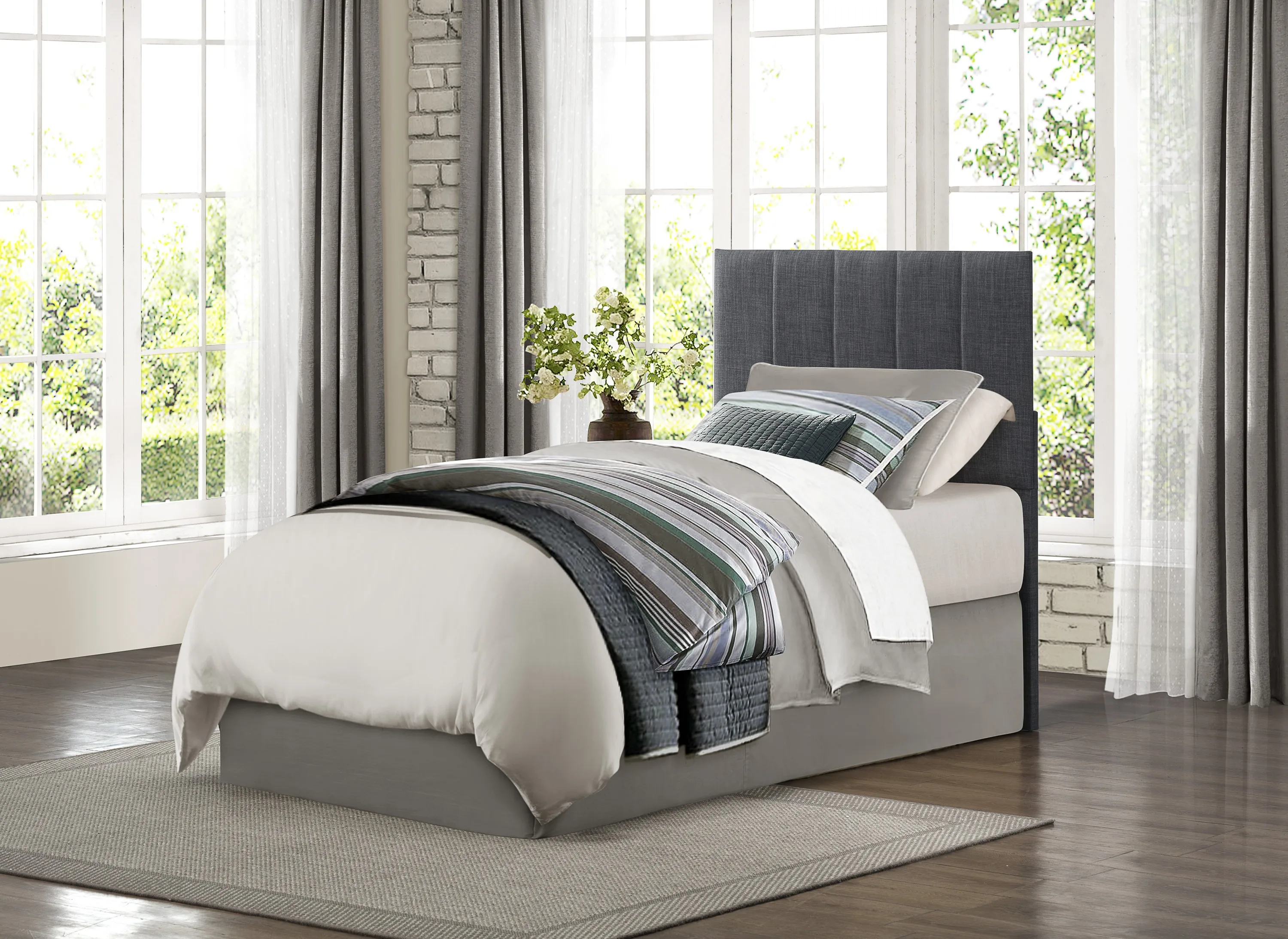 1pc Twin Headboard Gray Fabric Upholstery Padded Vertical Channel Tufted