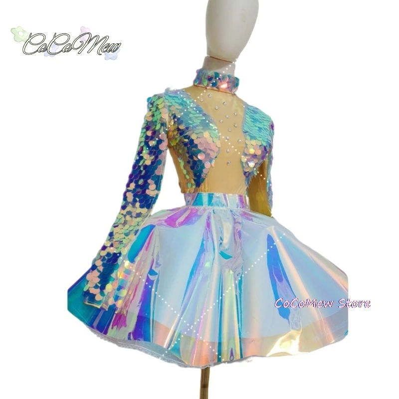 반짝이 스팽글 바디수트 레이저 스커트 댄스 복장, 바 나이트클럽 파티 무대 착용, 여성 댄서 팀 DJ 고고 공연 코스튬