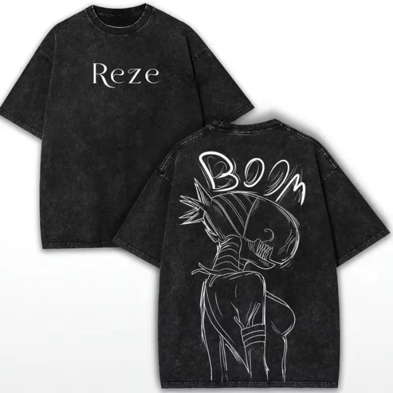 Chainsaw Man Reze Printed Tee Men's Clothing Short Sleeve Washed Cotton T-shirt Vintage Casual T Shirt 2026 Summer T Shirt