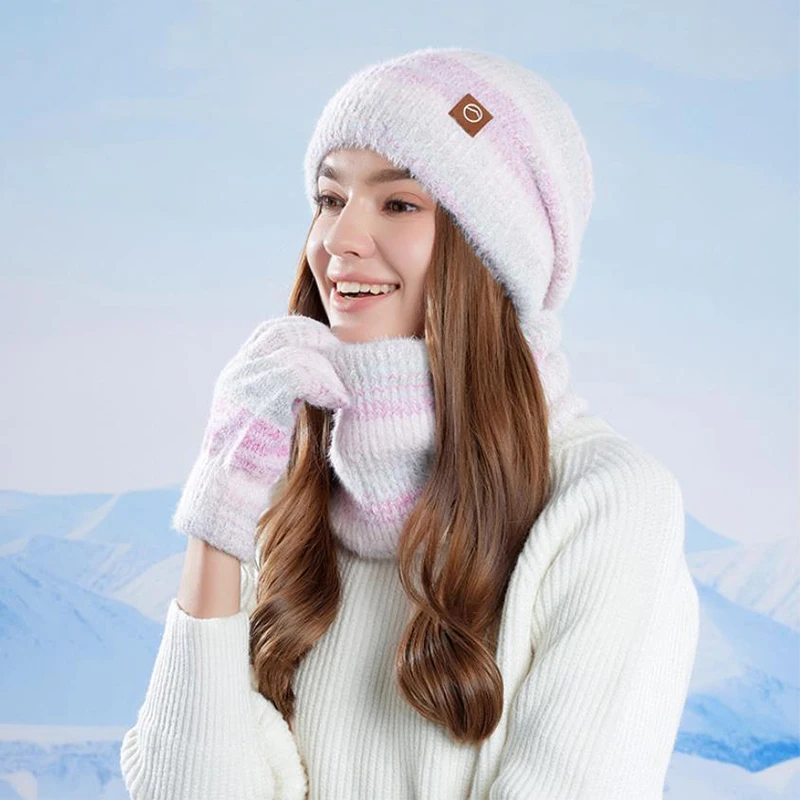 مجموعة قفازات وشاح قبعة شتوية محبوكة للنساء مكونة من 3 قطع من إكسسوارات الملابس الدافئة للطقس البارد