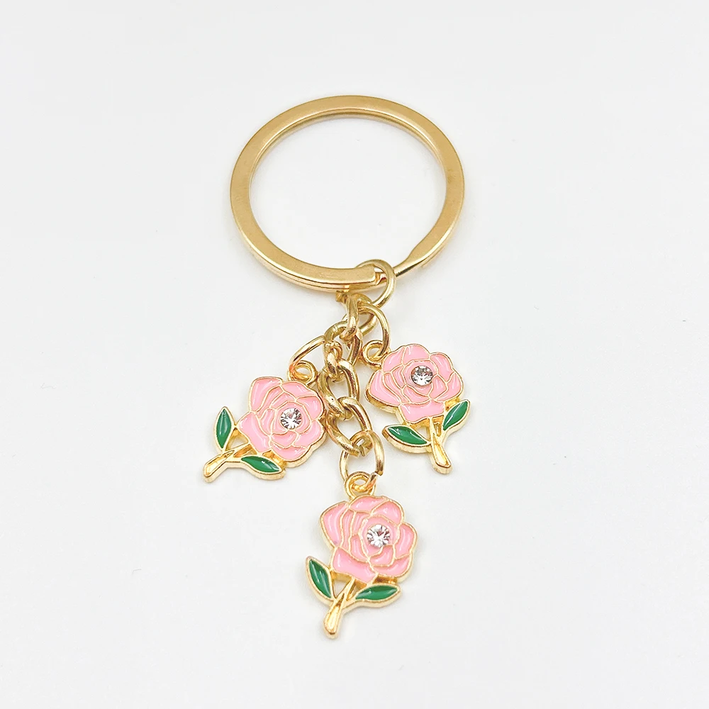 Cute Enamel Keychain Crystal Rose Flower Key Ring Sweet Key Chains For Women Girls Handbag Accessorie DIY Jewelry Gifts