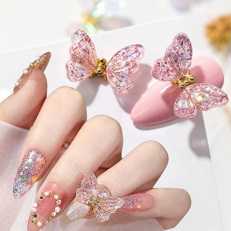 Glitter Auroras Butterfly Nail Art Decorations Acrylic Butterfly Wings Sparkle Ice Translucent Nail Art Manicure Accessories