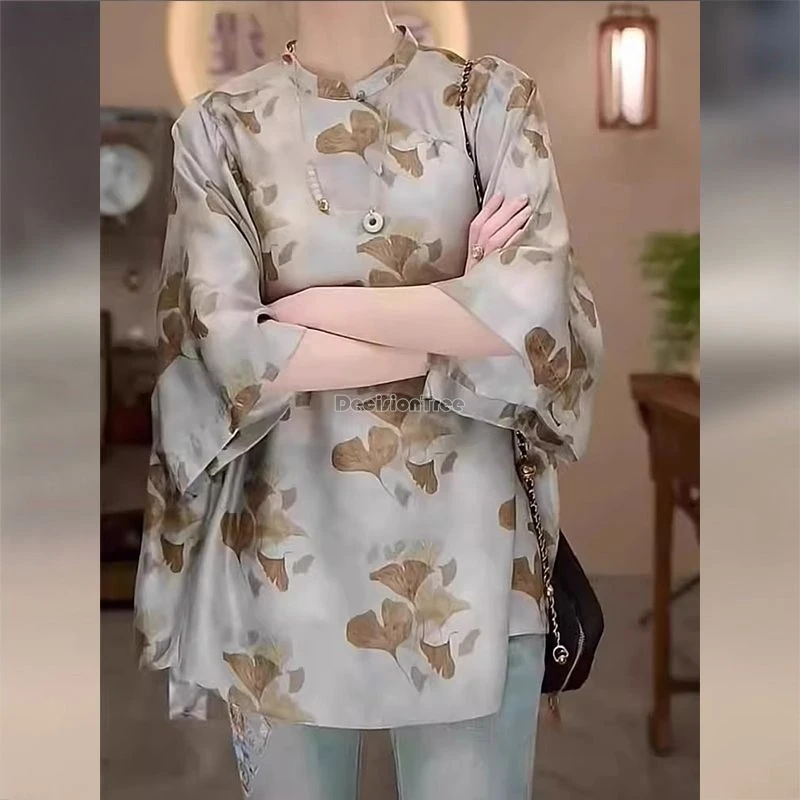 

2025 new chinese traditional style chiffon printed cheongsam blouse for women summer half sleeve loose elegant tang suit shirt