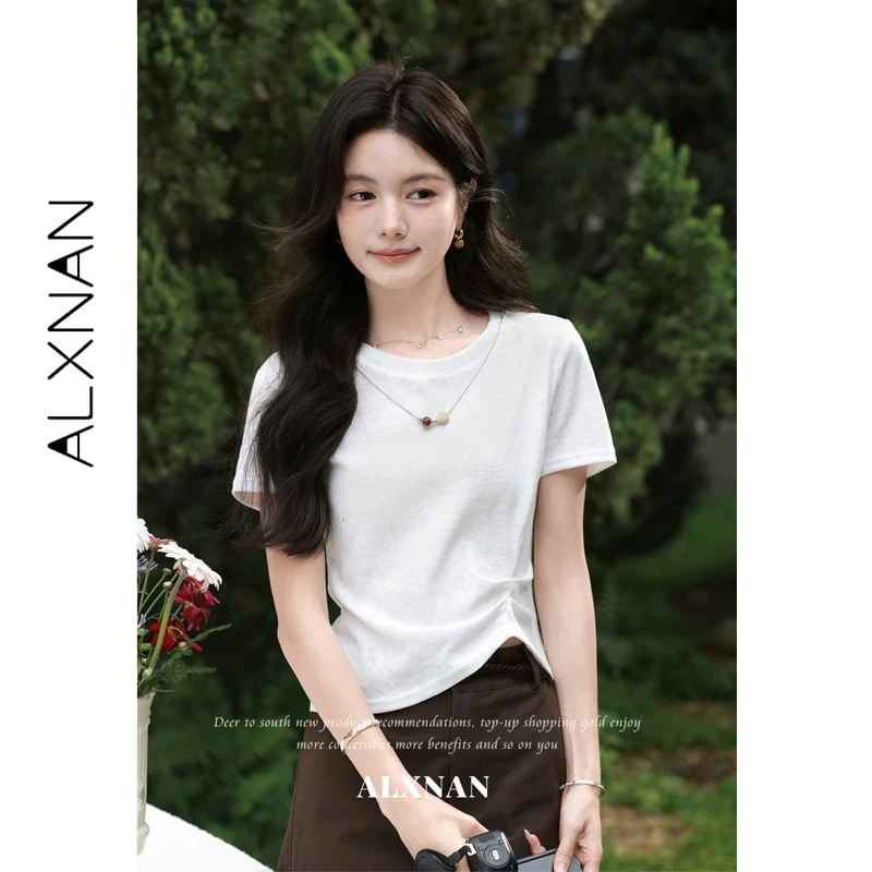 

ALXNAN White Round Neck T-shirt Waist Pleated Irregular Shiny T-shirts Women 2026 Summer Cotton Basic Casual Female Tops L65015