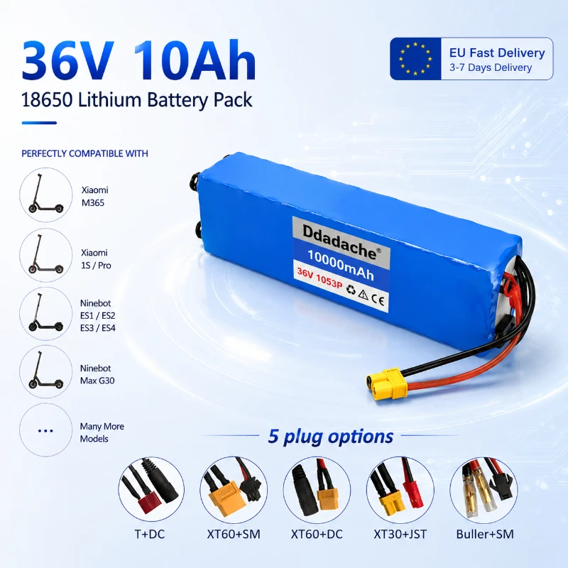 Image of 36V 10Ah 10000mAh 10S3P 18650 Lithium-Akku mit Smart BMS für Elektroroller, E-Bike, Fahrrad, modifiziertes Fahrrad, 500W Motor, wasserdichter, wiederaufladbarer Akku, XT60 T-Stecker optional, DIY
