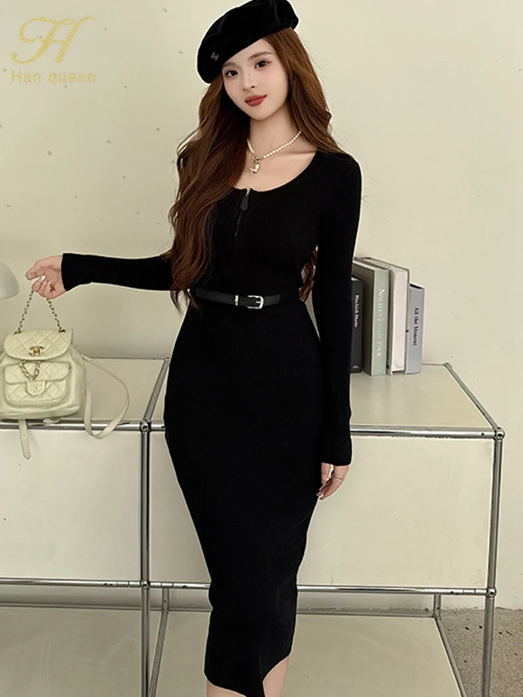 Nova malha de fundo elegante sexy manga longa estiramento apertado fino pulôver camisola vestidos outono malha bodycon vestido