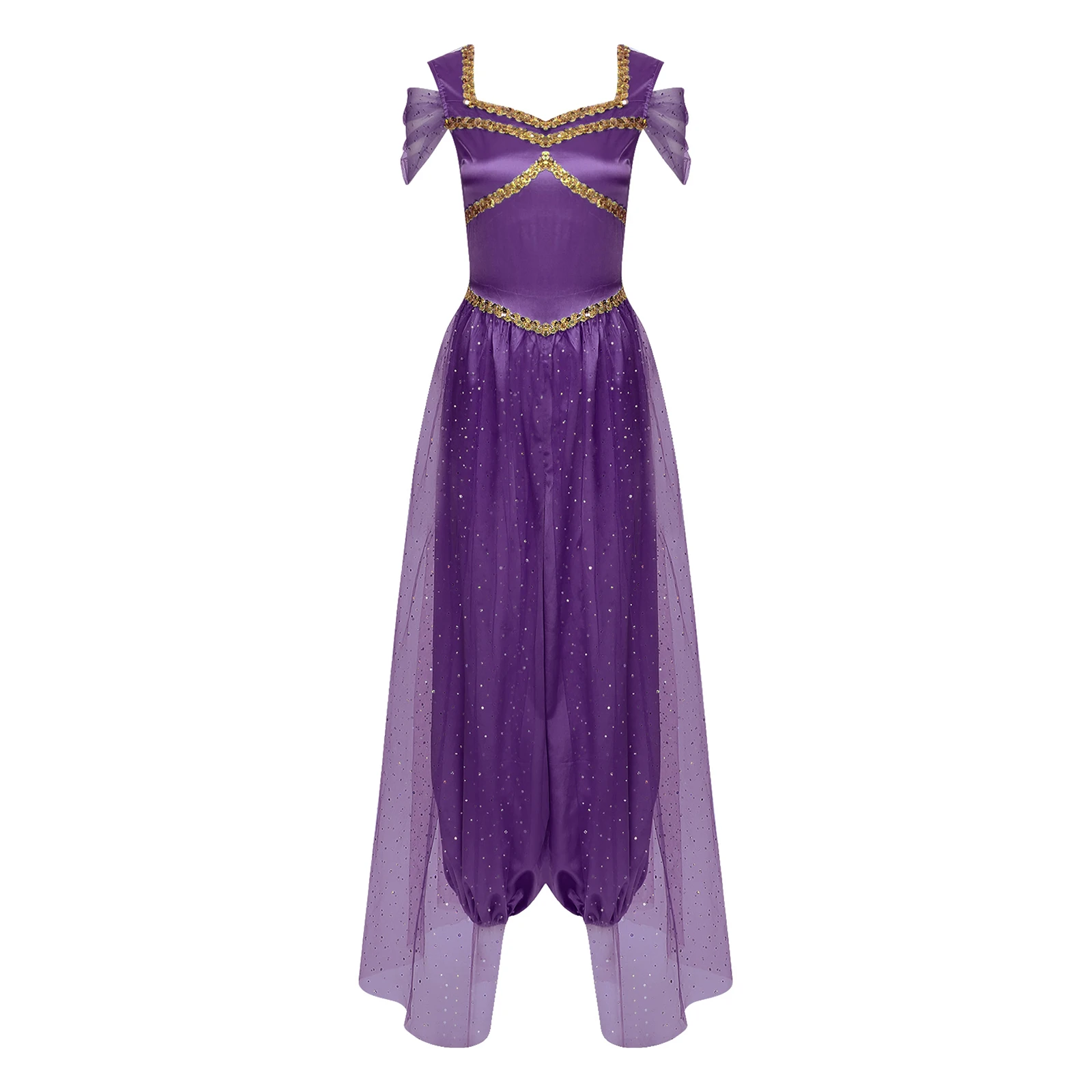 Women Halloween Arabian Princess Circus Cosplay Performance Costume Sequin Tulle Overlay Pumpkin Jumpsuit Belly Dance Bodysuit