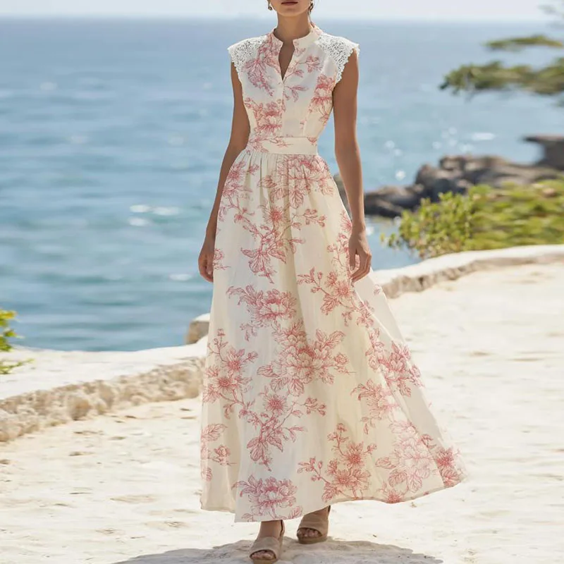 Sweet Floral Print Sleeveless Holiday Dress Sexy Lace Patchwork High Waist Long Dress Lady Casual O Neck Button Vest Beach Dress