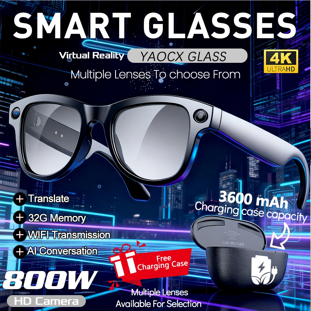 

New Intelligent AI Glasses 800W Pixel Camera Video Recording AI Voice Translation Music WIFI Transmission BT Call Smart Glasses
