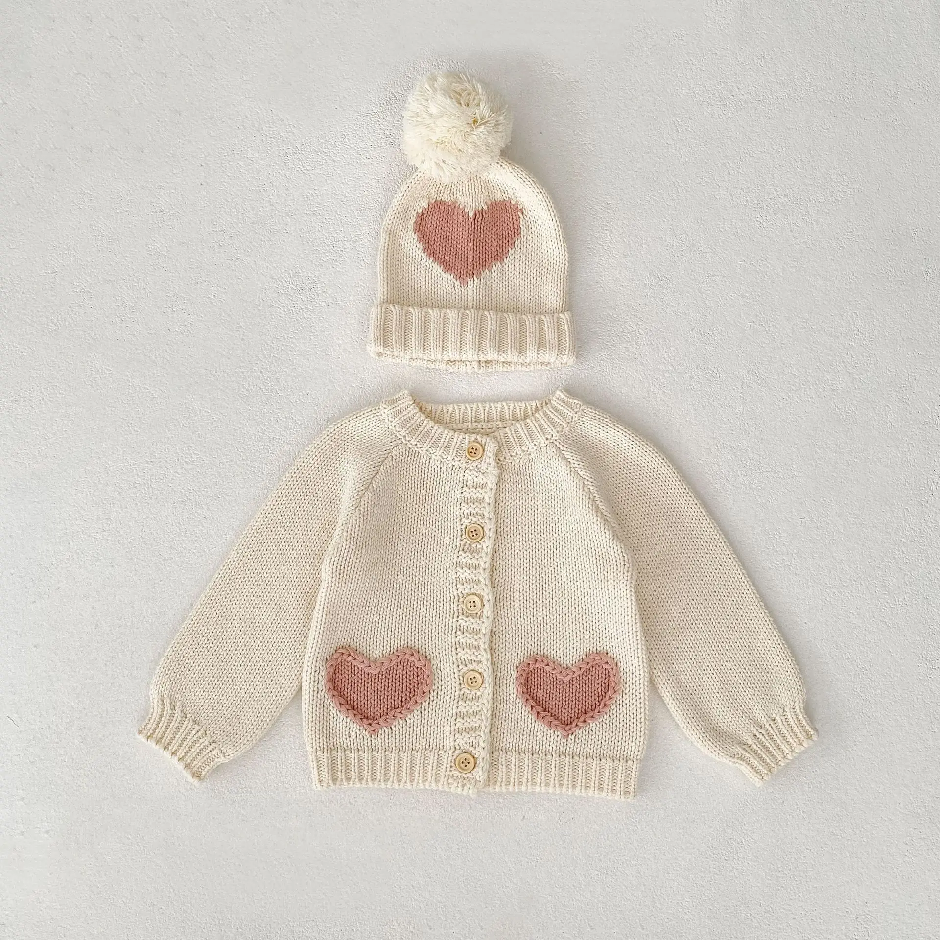

2025 Autumn New Baby Girl Knit Coat + Hat 2pcs Set Cute Infant Girl Long Sleeve Heart Jacket Kids Knit Cardigan Children Clothes