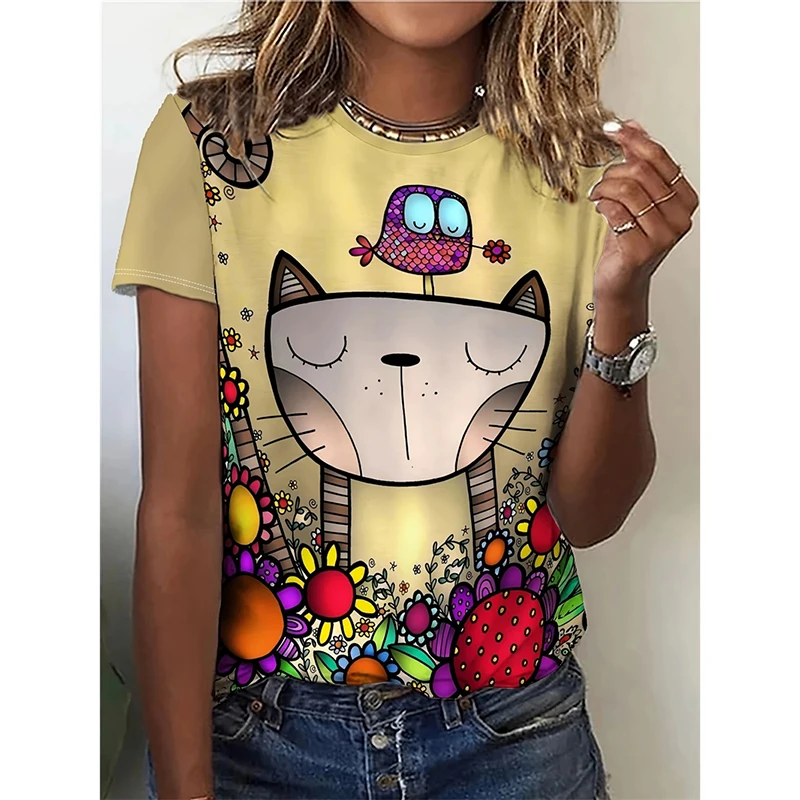 Cute Cartoon Cat Graphic T-shirt Women Funny Casual 3D Print Cats Harajuku Street T Shirts Summer Casual Fashion Men Tees Top