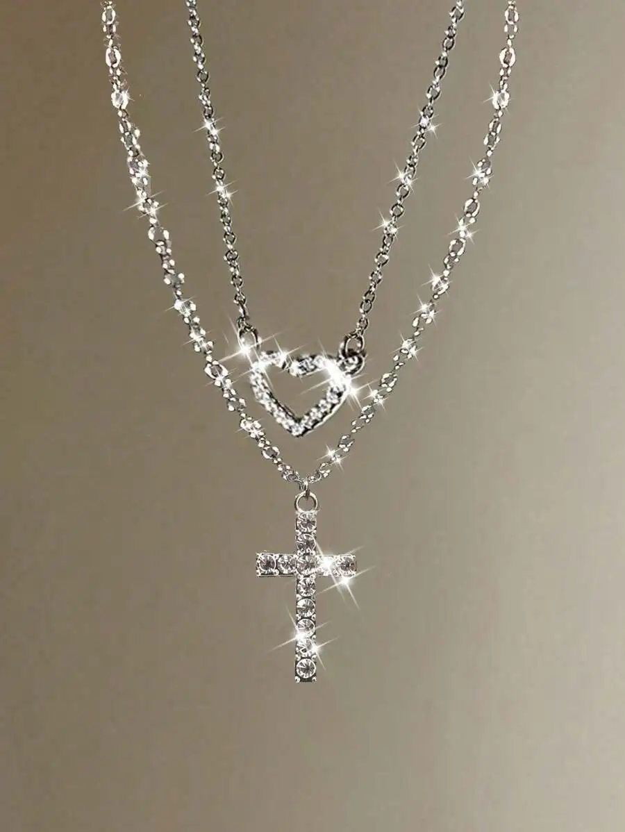 

2pcs Rhinestone Cross And Heart Pendant Necklaces Multilayer Fashion Jewelry For Women