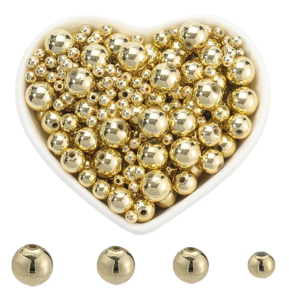

1000Pcs 4 Styles Plastic Beads Eco-Friendly Electroplated Beads Round Golden Plated 4~10mm Hole: 1.4~2.3mm
