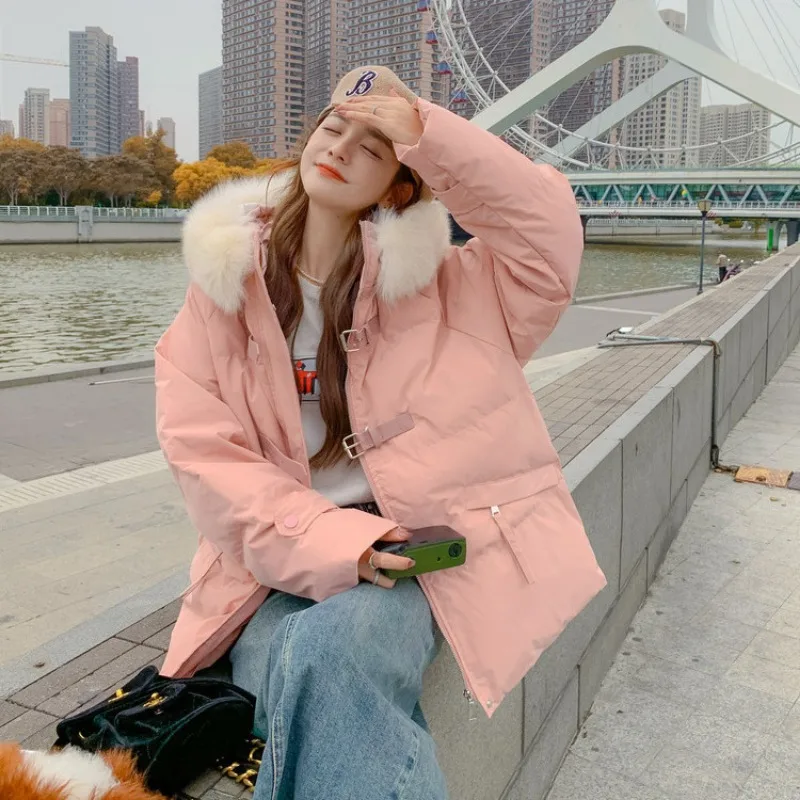 2023 New Women Down Cotton Coat Winter Jacket Female Big Fur Collar Short-Length Parkas Pink Thicken Outwear Hooded Overcoat