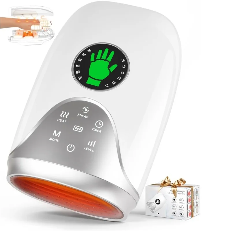 

Wireless heated finger-stretching electric hand massager with separate finger massage airbags for kneading hand massage.