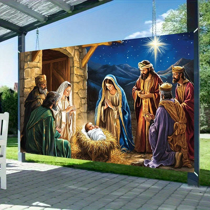 لافتة مسطحة ثنائية الأبعاد 1 قطعة ولادة يسوع والسماء المرصعة بالنجوم والرجل الثلاث الحكيم زينة المهرجانات زينة عيد الميلاد